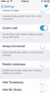 Confirm Call, Always Connected, Disable Landscape, Hide Time Stamps, Hide Mic Button